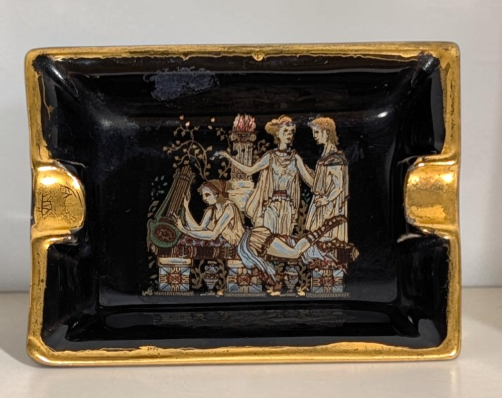 Vintage Greek Ashtray Hand Painted Ancient Greek Scene 24K Gold Made Greece